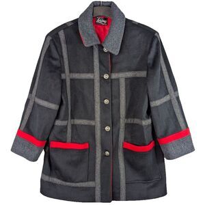 Vtg LORING Over Coat Womens Black Gray Red Wool Geometric Winter Warm USA Sz XL?